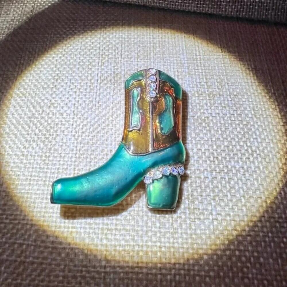 Enamel Cow Girl Brooch/Pin Green Gold with AB Rhinestones 2” EUC